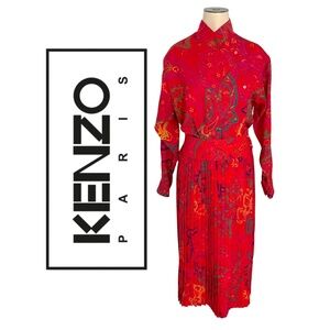 Vintage 1980s Kenzo Paris Red Paisley Wool Skirt Blouse Set // Size S 4 6